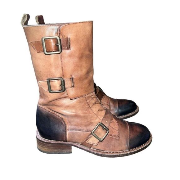 Vince Camuto Fergus Mid Calf Buckle Boots Womens Size 6 Brown Leather Moto - Picture 1 of 8